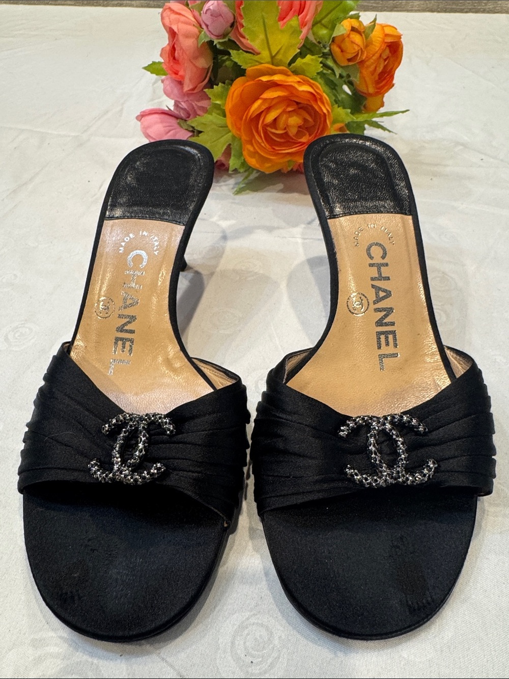 Authentic CHANEL Black Satin Crystal CC Logo Mule Heels - Picture 2 of 9